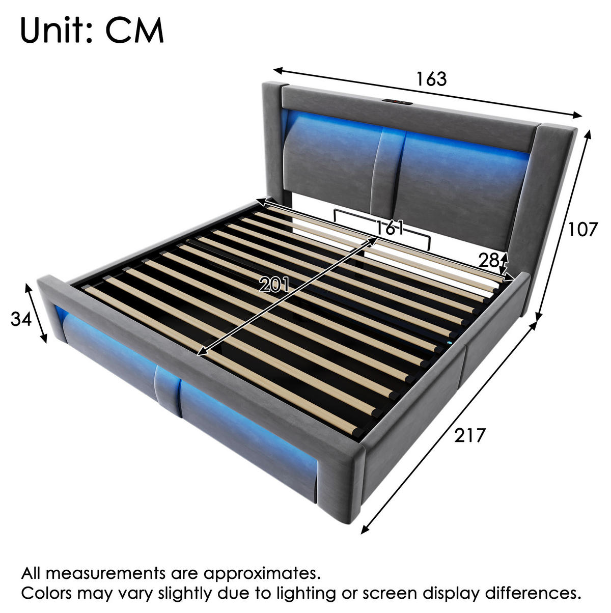 ČALÚNENÁ posteľ 160/200 cm s LED osvetlením, USB a USB-C, hydraulickým úložným priestorom, zamatovým čelom, Sivá - sivá, textil (160/200cm) - Redom