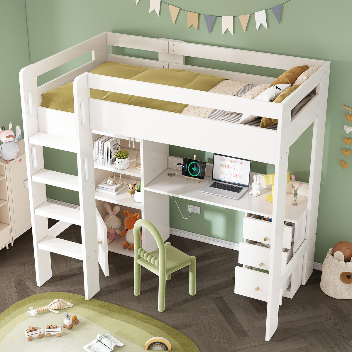 HOCHBETT 90/200 cm in Weiß mit Schreibtisch, Regal und USB - Weiß, Holz/Holzwerkstoff (90/200cm) - WISHDOR