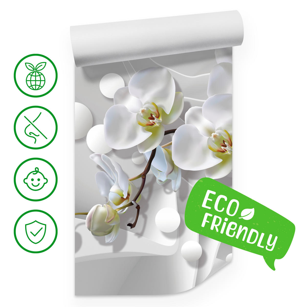 FOTOTAPETE für Badezimmer Geometrische Abstraktion Weiße Orchideen Blumen 300x210 - Gelb/Weiß, Papier (300/210cm) - Muralo