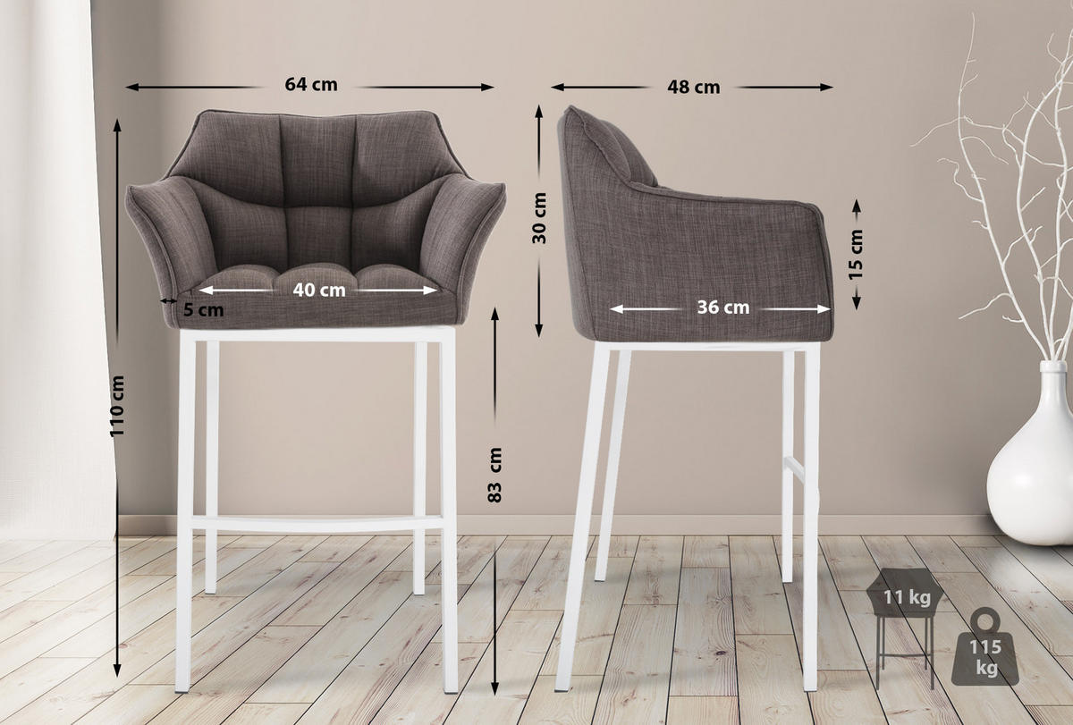 BARHOCKER 2er Set Stoff Grau - Weiß/Grau, Textil/Metall (64/110/48cm) - CLP