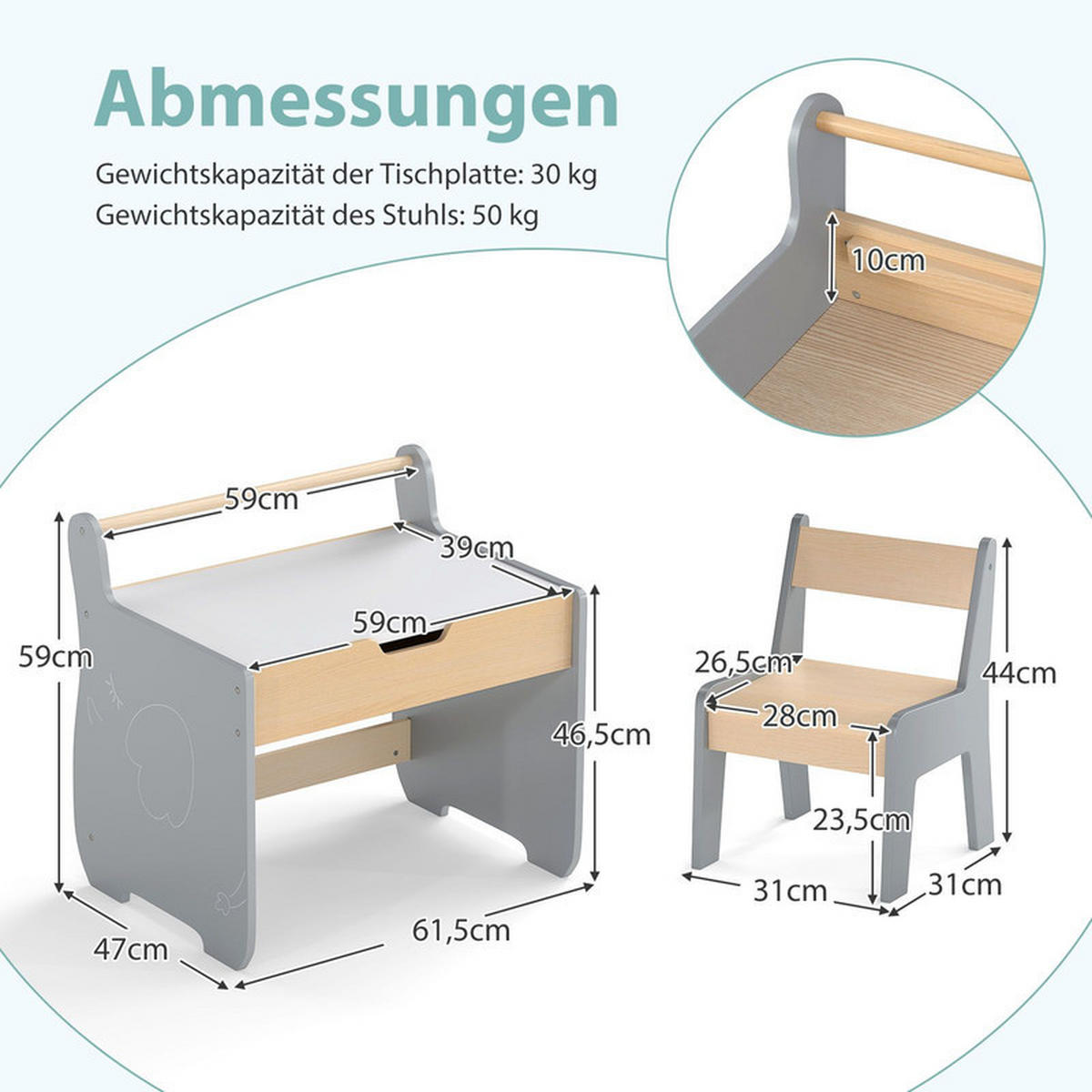 KINDERTISCH mit Stuhl grau(2-tlg) - Grau, Holzwerkstoff (61.5/59/47cm) - COSTWAY