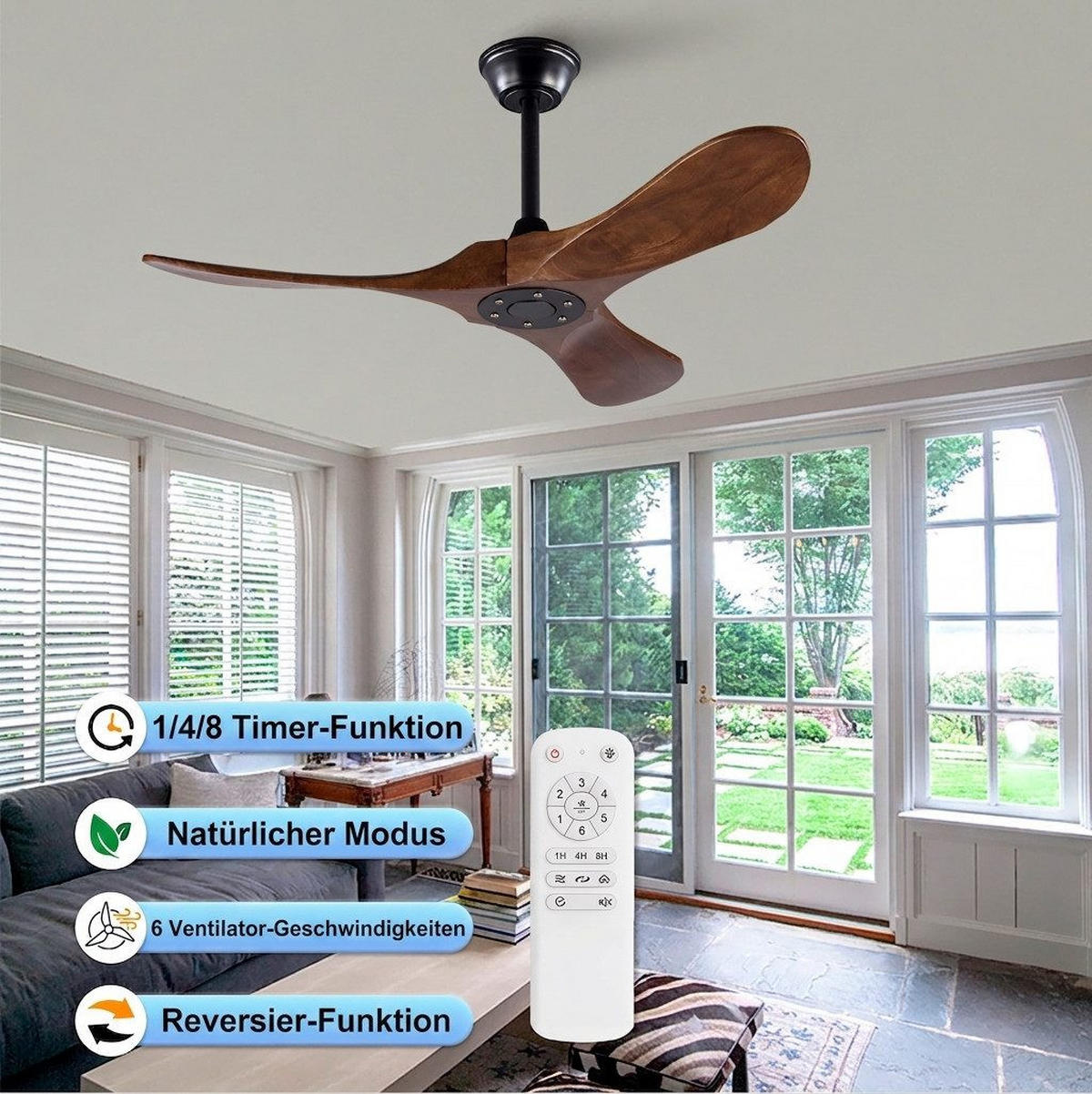 DECKENVENTILATOR & 3 Holzflügeln, Speicherfunktion, Fernbedienung - Braun, Holzwerkstoff (107/107/51cm) - Gisaae