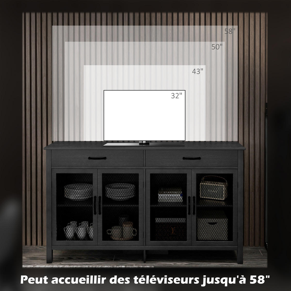 SIDEBOARD DE-11050 Industrie-Design, 4 Türen Schwarz - Schwarz, Holzwerkstoff (150/85/40cm) - ComfortXL