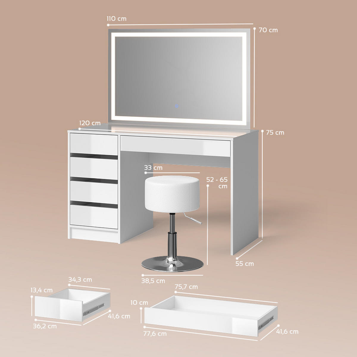 SCHMINKTISCH Imola Weiß mit LED-Spiegel und Hocker - Weiß, Holzwerkstoff (120/75/55cm) - Livinity®