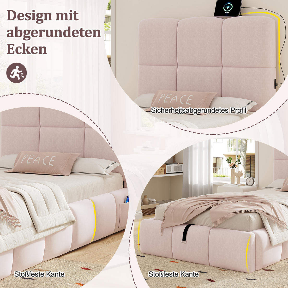 KINDERBETT 90/200 cm in Rosa Samt mit Bettkasten und USB - Rosa, Holzwerkstoff/Textil (90/200cm) - WISHDOR