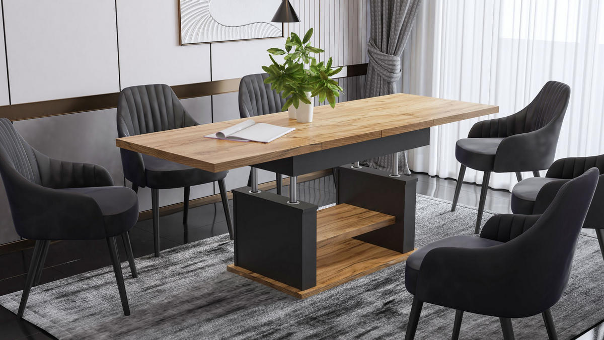 COUCHTISCH rechteckig Eiche Gold - Schwarz ausziehbar höhenverstellbar - Eichefarben/Schwarz, Holzwerkstoff (70/120/60cm) - designimpex