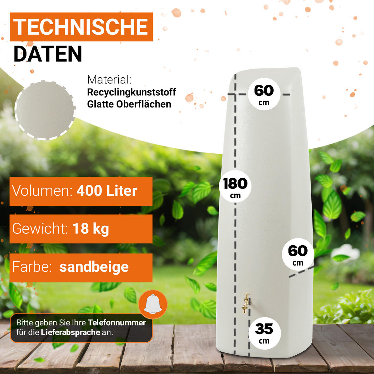 WANDTANK 400 L, sandbeige - Beige, Kunststoff (60/180/60cm) - GARANTIA