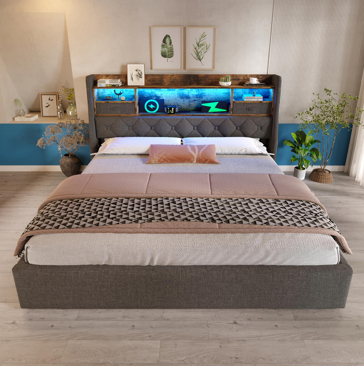 POLSTERBETT 160/200 cm Grau mit Stauraum, LED und USB- sowie Type-C-Anschlüssen - Grau, Textil (160/200cm) - Flora Grace