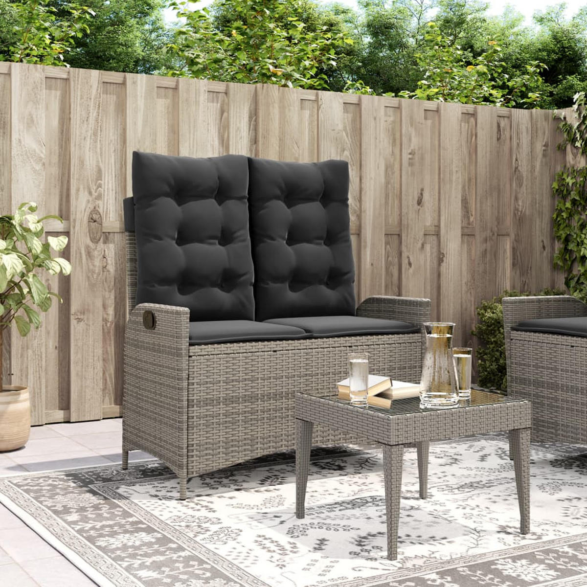 GARTENBANK Verstellbar mit Kissen Grau Poly Rattan - Grau, Kunststoff (104/93/59cm) - furnicato