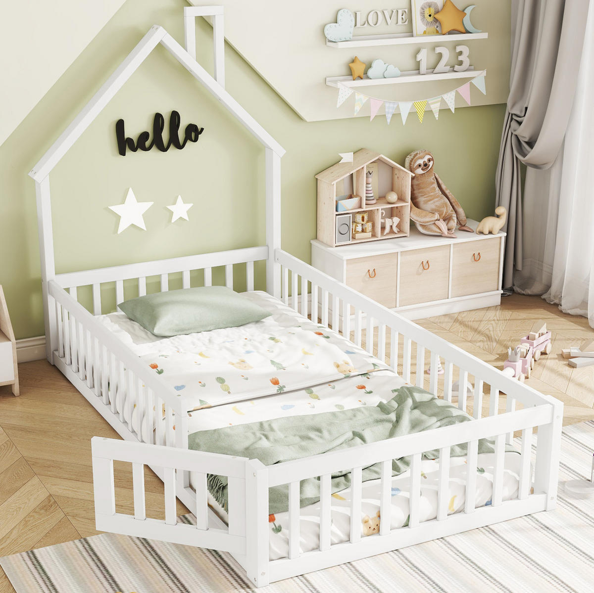 HAUSBETT 90/200 cm Weiß aus Kiefernholz und MDF mit Sicherheitsgitter - Weiß, Holz (90/200cm) - OKMYHOME