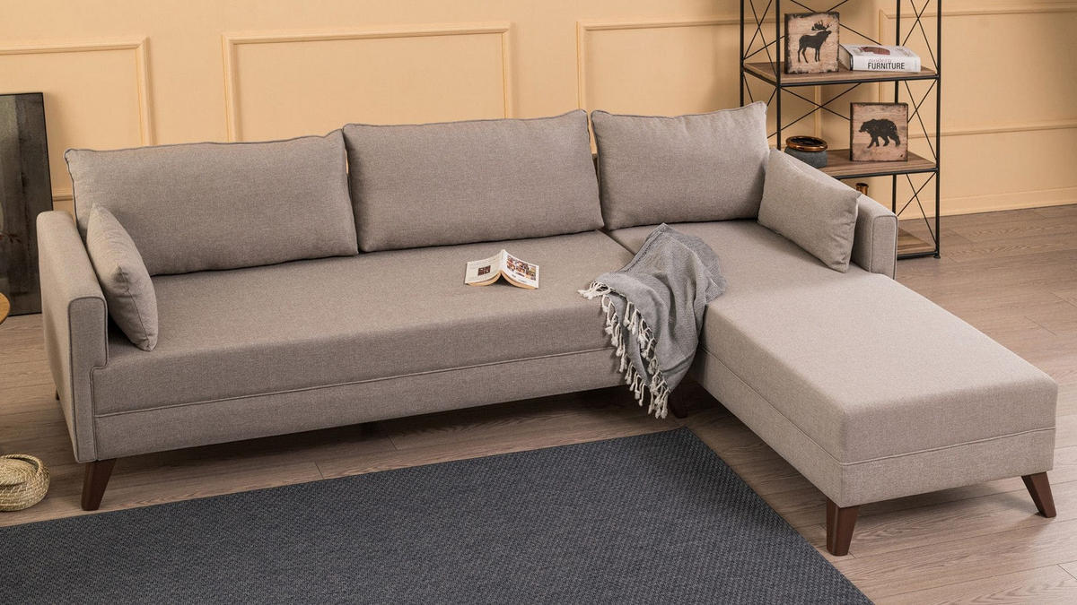 ECKSOFA mit losen Rückenkissen und Schlaffläche - Beige/Walnussfarben, Holz/Kunststoff (165/275cm) - myHomelando