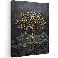 LEINWANDBILD Blätter - Gold - Baum - Fels Wandbild Wohnzimmer 60x80 cm - Schwarz, Textil (60/80cm) - MuchoWow