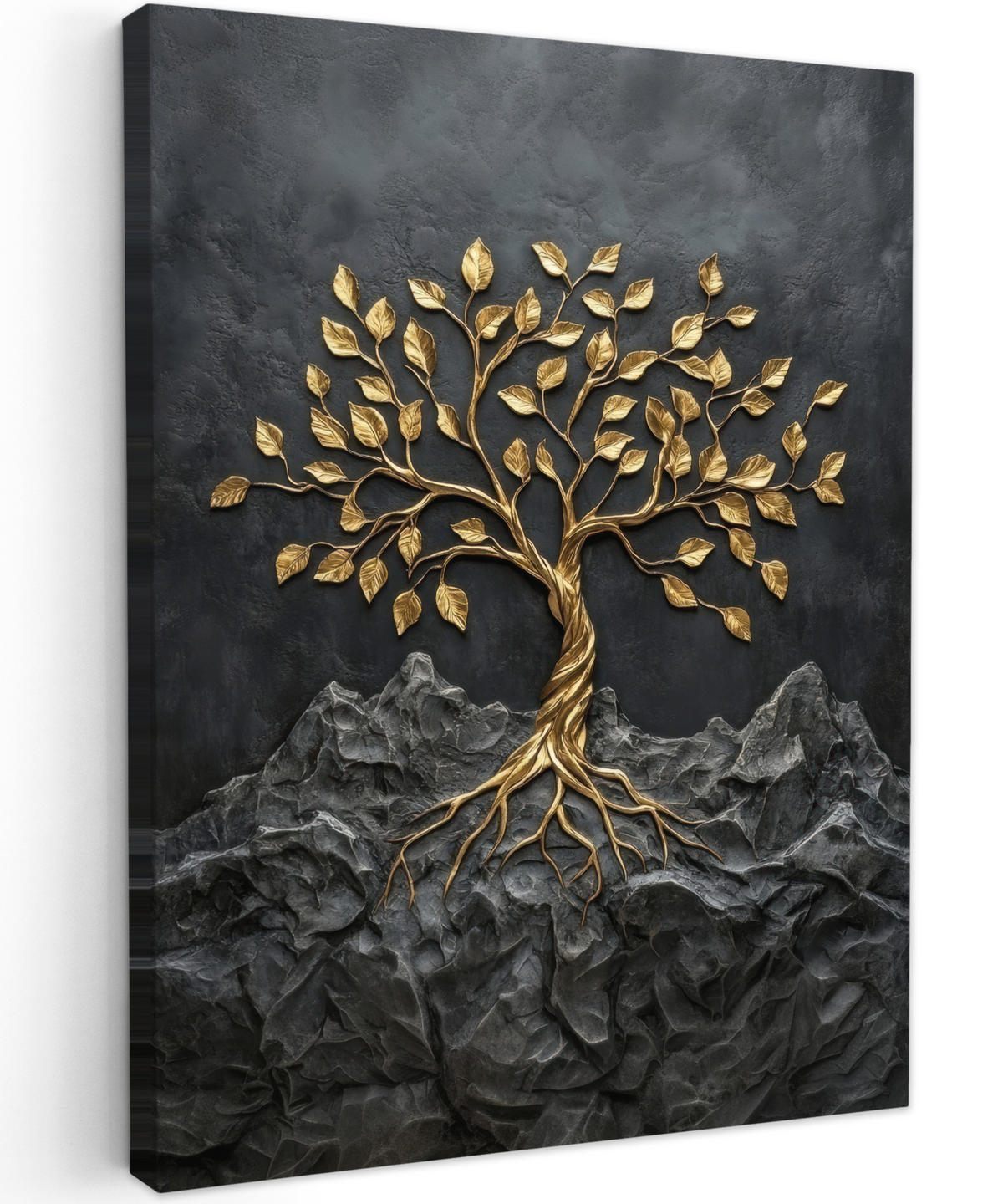 LEINWANDBILD Blätter - Gold - Baum - Fels Wandbild Wohnzimmer 60x80 cm - Schwarz, Textil (60/80cm) - MuchoWow