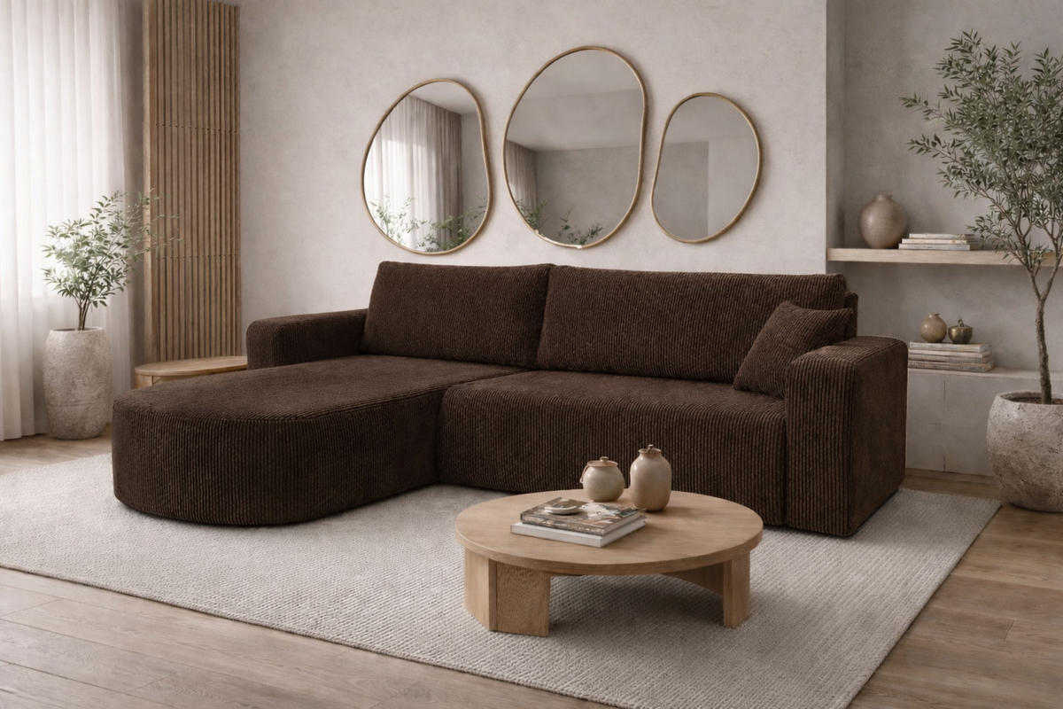ECKSOFA Mit Schlaffunktion, Cordstoff Poso, Braun, Links, ROUND ONE XL - Braun, Holz (271/175cm) - Kaiser Möbel