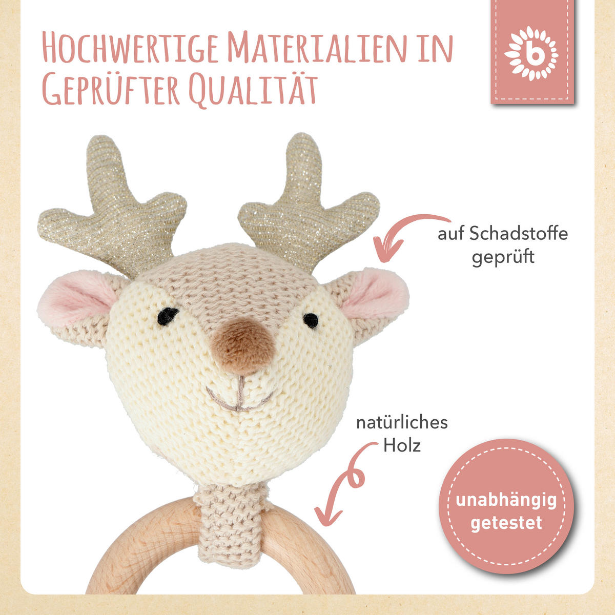 GREIFLING Rassel Holz Natur und Baumwoll - Rosa, Textil (10/17cm) - Bieco Spielwaren