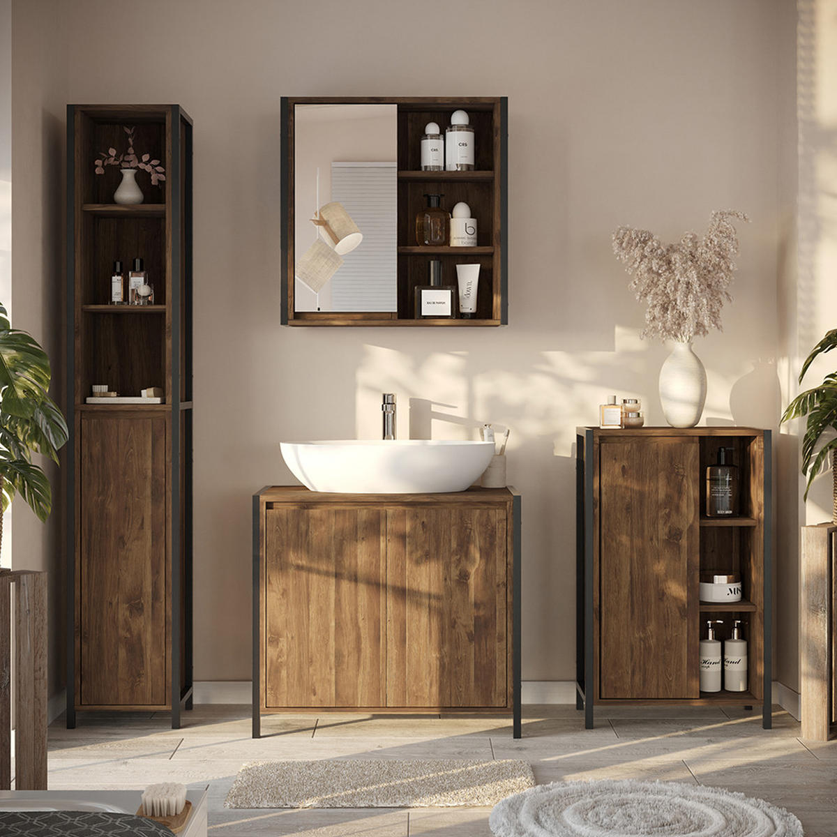 BADMÖBEL-SET Naola Eiche/Schwarz 4 Teile - Eichefarben/Schwarz, Holzwerkstoff (75/65/40cm) - Vicco