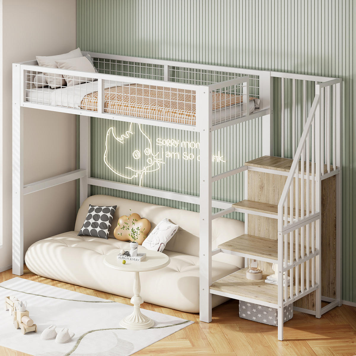 HOCHBETT 90/200 cm Weiß aus Metall und MDF mit Leiter und Kleiderschrank - Weiß, Metall (90/200cm) - OKMYHOME