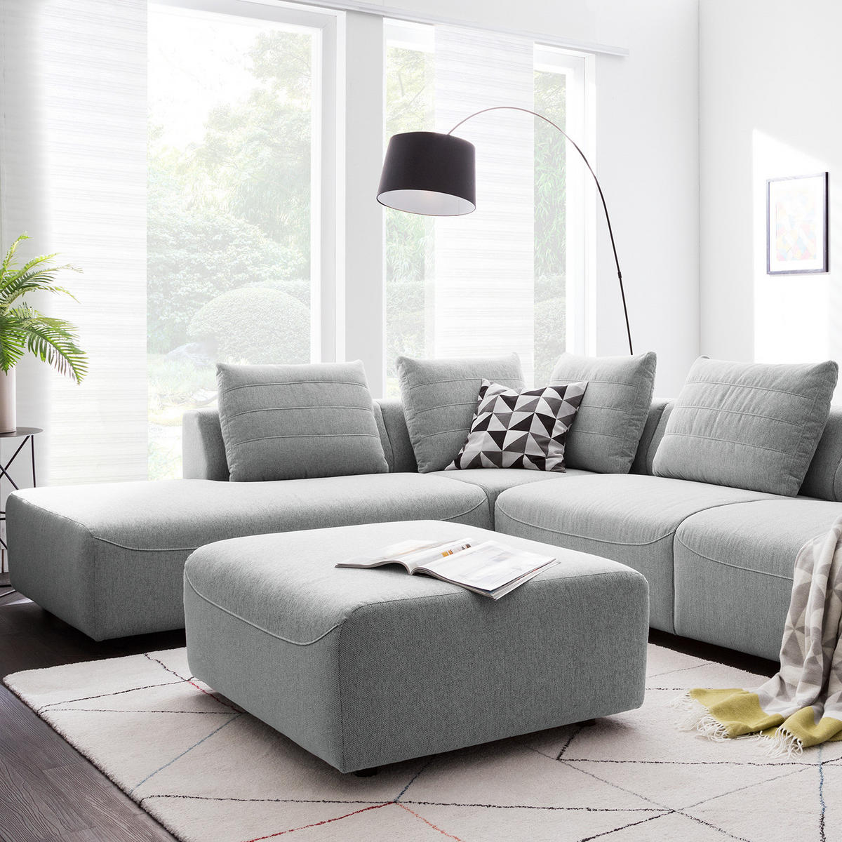 POLSTERHOCKER - Webstoff - Hellgrau/Schwarz, Kunststoff/Textil (100/43/80cm) - home24