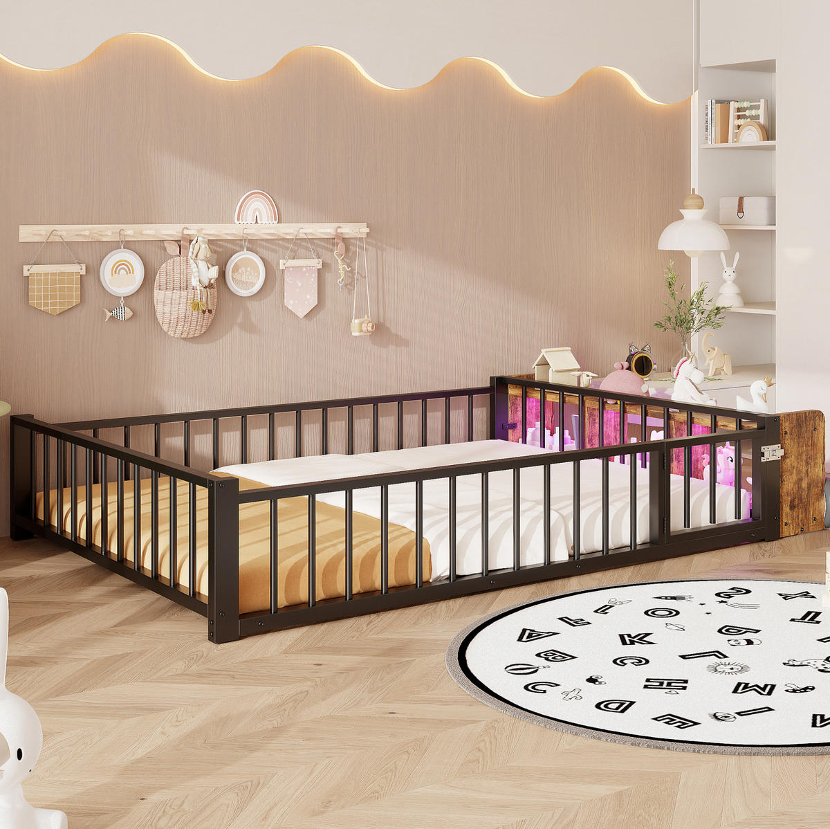 KINDERBETT 224/145/35,5 cm aus Metall und MDF mit Schutzgeländer und LED-Beleuchtung Schwarz - Schwarz, Holzwerkstoff (140/200cm) - Modenvie