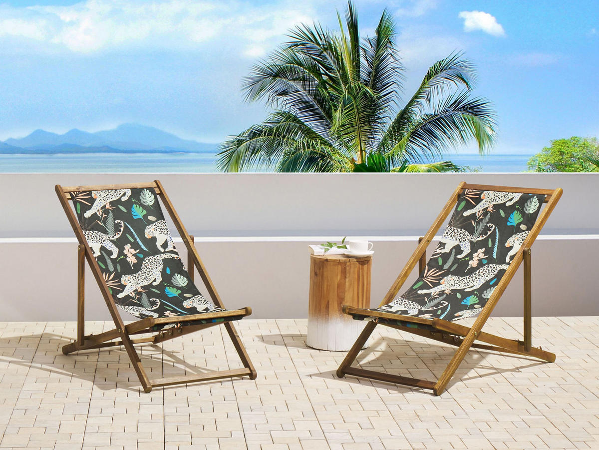 GARTENLIEGE 2er-Set hellbraun Textil weiß/schwarz Gepardenmotiv Anzio - Hellbraun/Schwarz, Textil (54/70/97cm) - Beliani