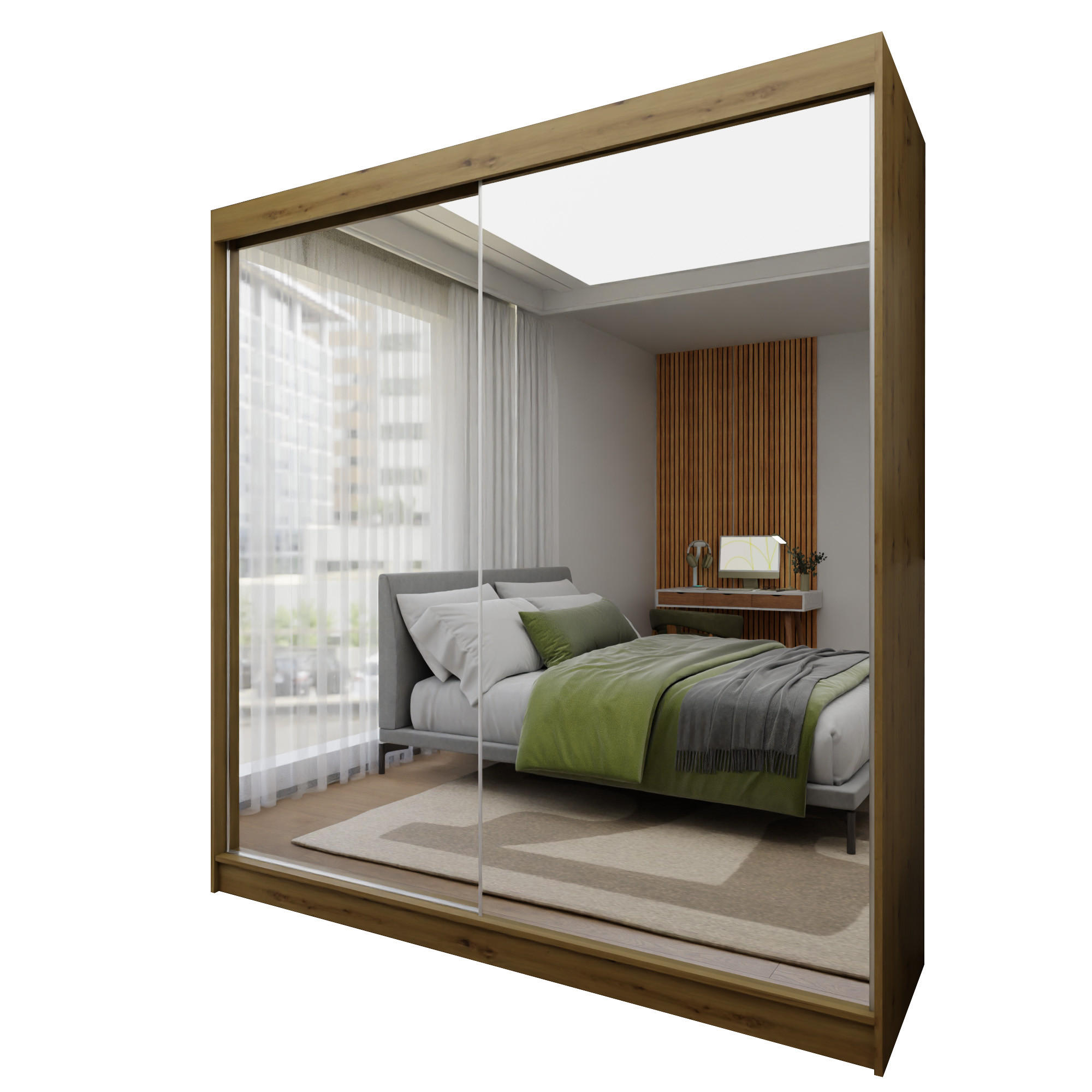 SCHWEBETÜRENSCHRANK BELLINA 200/216/61 cm 2-türig mit Spiegel Eiche Artisan - Eiche Artisan, Holzwerkstoff (200/216/61cm) - MASSENO