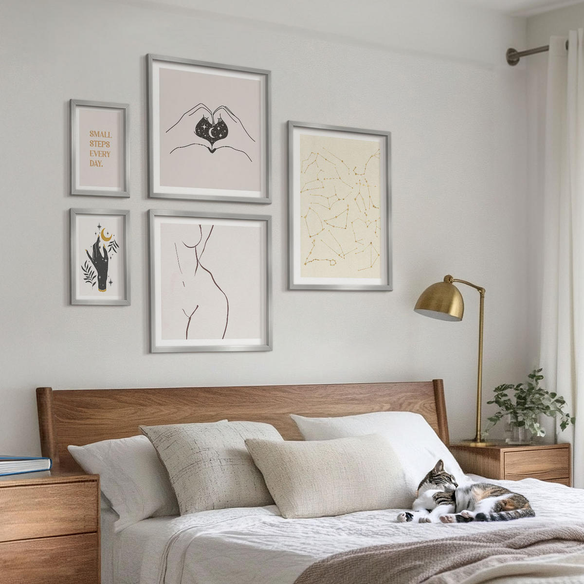 WANDBILDER 5er Set - 50x50 cm & 20x30 cm & 40x60 cm Silberner Rahmen - Minimalistische Boho-Illustrationen - Silberfarben, Kunststoff (40/60cm) - ArtPrintCave