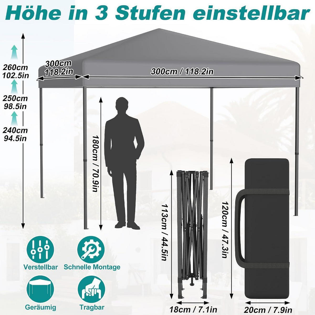 FALTPAVILLON 300 x 300 cm Silbergrau mit One-Touch Lift - Grau, Textil (300/260/300cm)