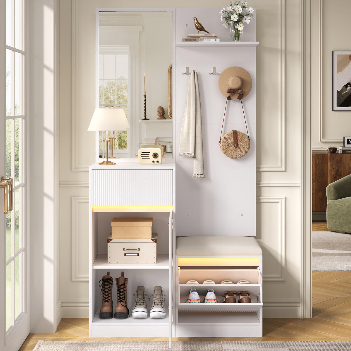 GARDEROBE mit Spiegel, Schuhschrank, Schuhbank und LED - Weiß, Holzwerkstoff (105/190/38cm) - FLIEKS