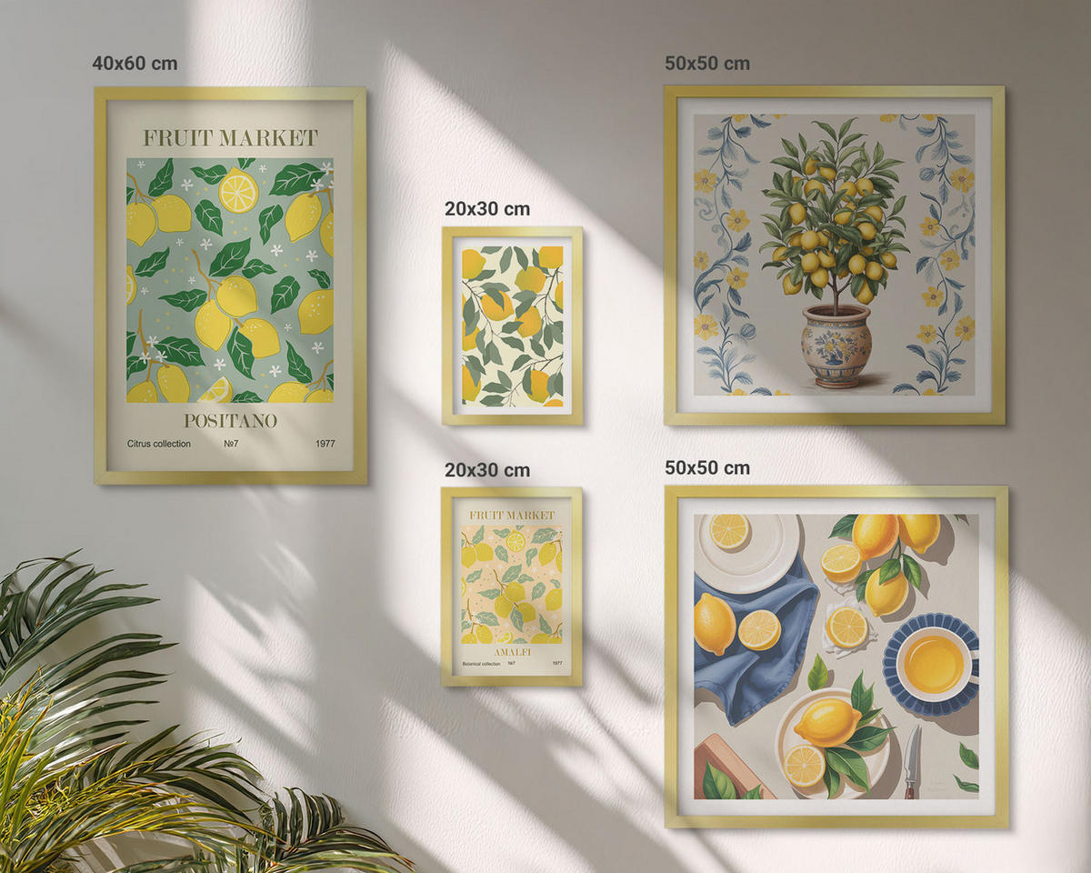 BILDER SET 5er Set - 50x50 cm & 20x30 cm & 40x60 cm Goldrahmen - Zitronenbäume in der Sonne - Goldfarben, Kunststoff (40/60cm) - TULUP