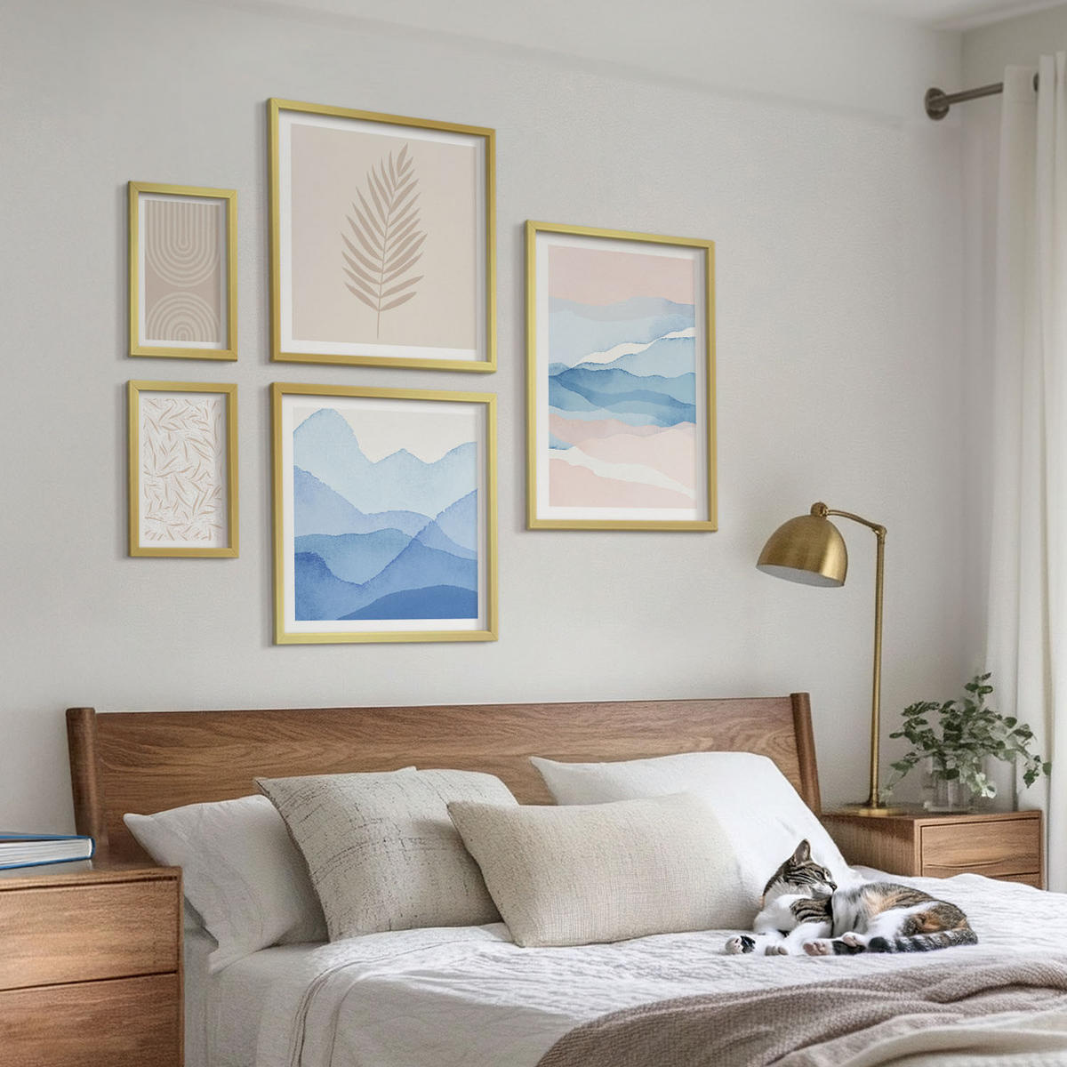 BILDER SET 5er Set - 50x50 cm & 20x30 cm & 40x60 cm Goldrahmen - Blätterwellen beige blau - Goldfarben, Kunststoff (40/60cm) - TULUP