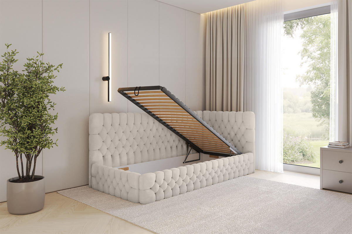 EINZELLBETT Jugendbett mit Bettkasten und Matratze H3/H4, Links - MULY 80x200 Beige - Ecru, Holzwerkstoff/Textil (80/200cm) - ALTDECOR