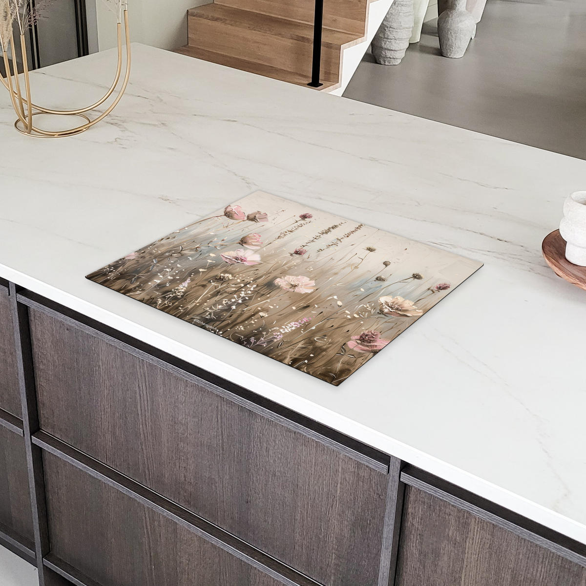 HERDABDECKPLATTE Blumen - Beige - Trockenblumen 65x52 cm - Beige, Kunststoff (65/52/0.2cm) - MuchoWow