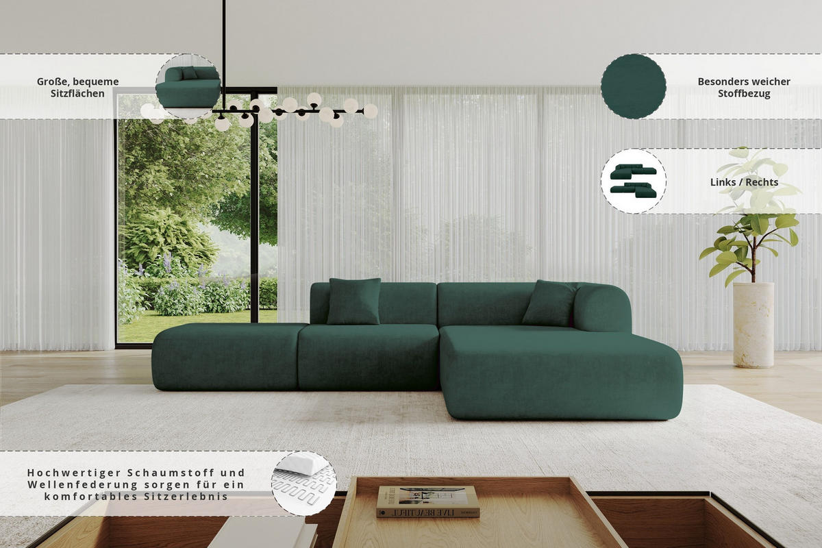 ECKSOFA Ottomane Rechts OVLY-L 289x176x71 Grün Samt - Jadegrün/Schwarz, Holzwerkstoff/Kunststoff (289/176cm) - ALTDECOR
