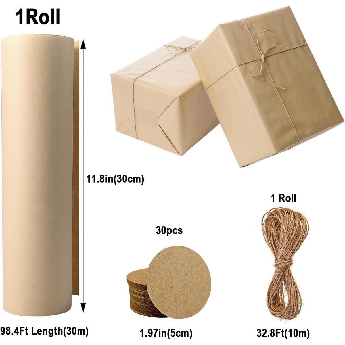 PACKPAPIER Set 30 cm x 30 m mit 30 Etiketten und 10 m Juteschnur - Braun, Papier (30/1/3000cm)