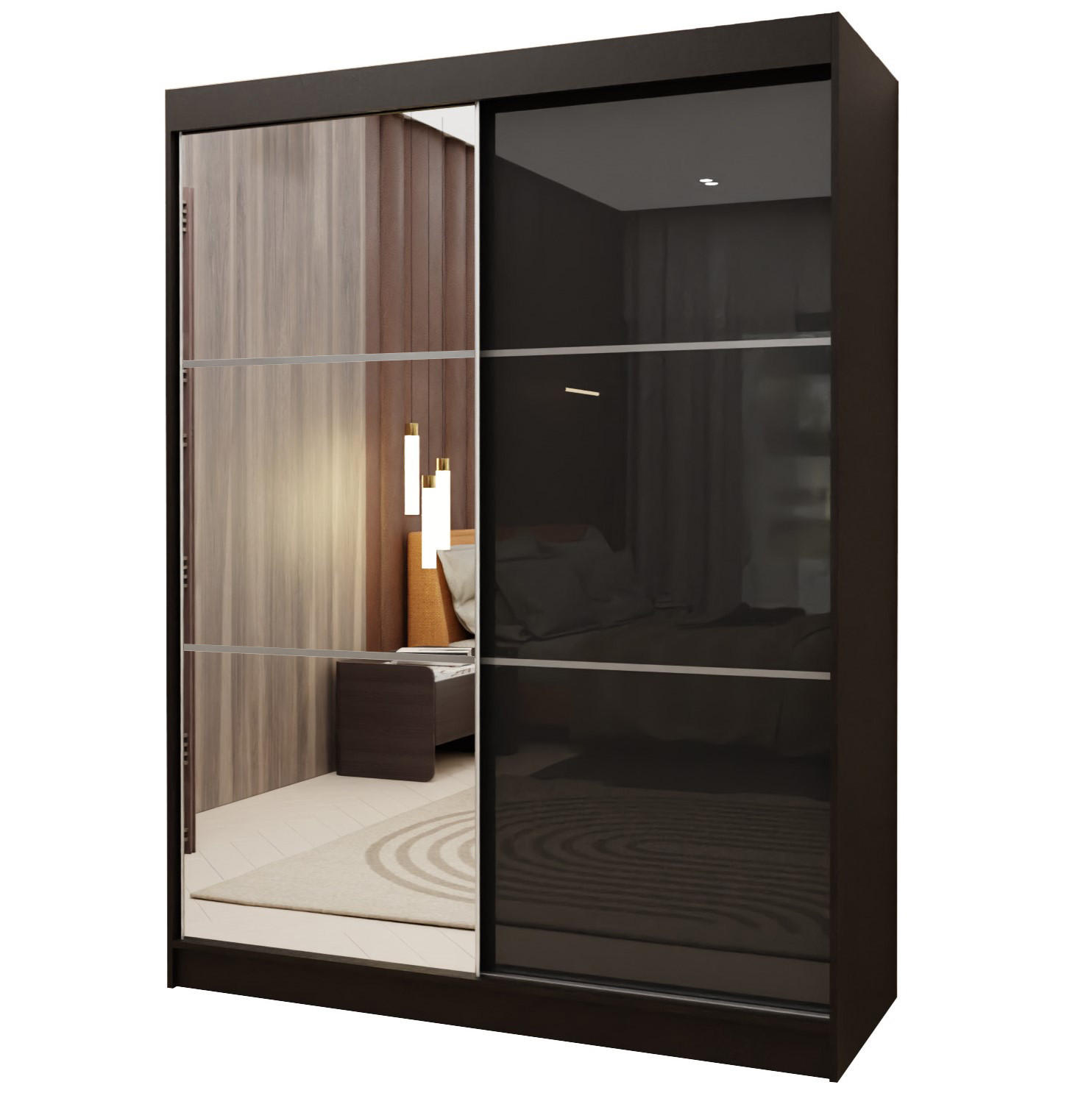 SCHWEBETÜRENSCHRANK VITALE 150/216/61 cm 2-türig mit Spiegel Schwarz - Schwarz, Holzwerkstoff (150/216/61cm) - MASSENO