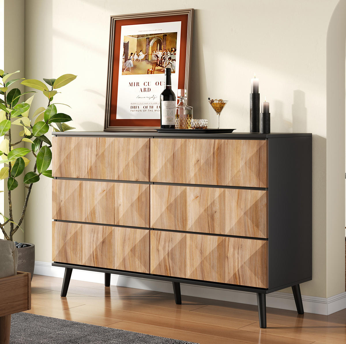 SIDEBOARD aus MDF und Spanplatte 120x40x85 cm Schwarz/Naturholz mit 6 Schubladen - Naturfarben, Holzwerkstoff (40/85/120cm) - IVMEU