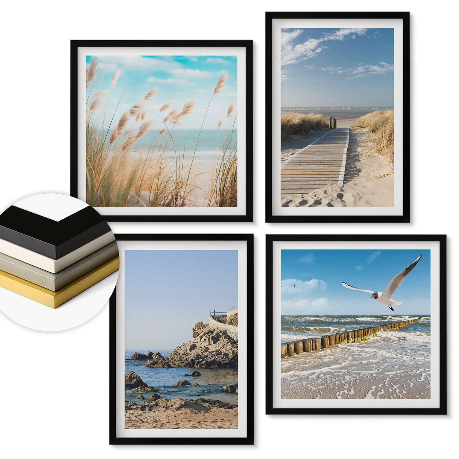 WANDBILDER 4er-Set - 50x50 cm & 40x60 cm Schwarzer Rahmen - Strand Holzsteg Klippen - Schwarz, Kunststoff (50/50cm) - ArtPrintCave