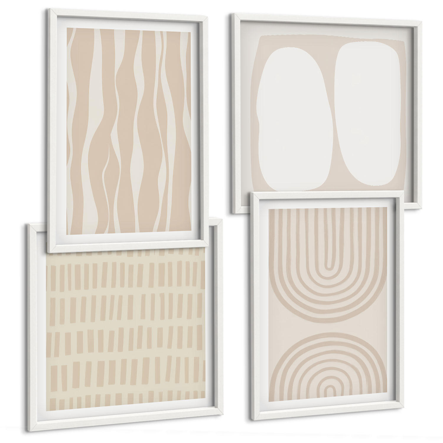 BILDER SET 4er Set - 50x50 cm & 40x60 cm Weißer Rahmen - Abstrakte Boho-Musterformen - Weiß, Kunststoff (50/50cm) - TULUP