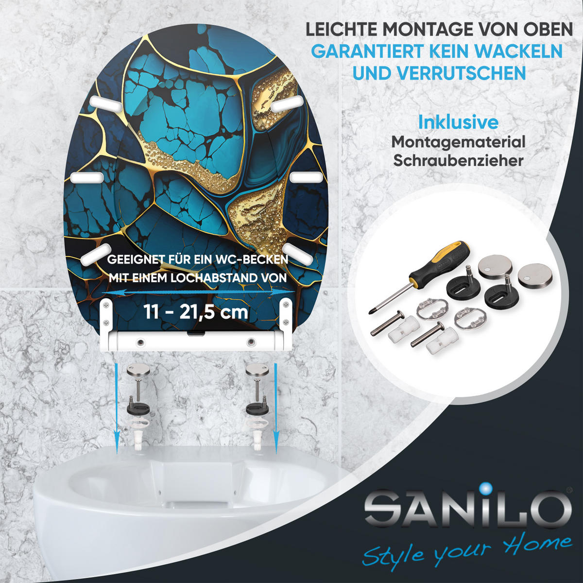 WC-SITZ Absenkautomatik Marmor Cobalt - Blau, Holzwerkstoff (38/5.5/47cm) - Sanilo