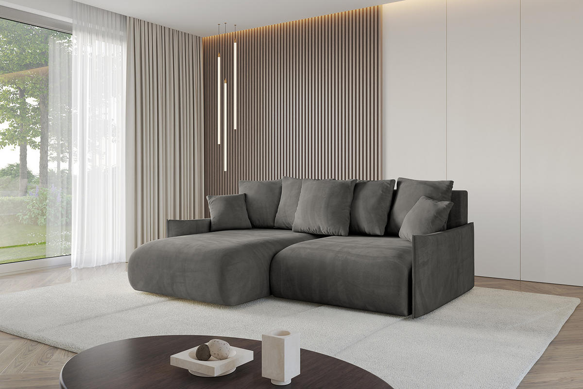 ECKSOFA mit Schlaffunktion und Bettkasten ONESK-L -v1 208x165x40 Dunkelgrau Velours - Dunkelgrau, Holzwerkstoff/Kunststoff (208/165cm) - ALTDECOR