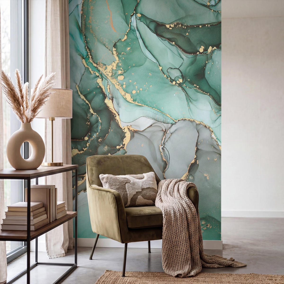 TAPETE - Gold - Marmor - Grün - Luxus - Marmoroptik - Grau - 140x220 cm - Grün, Papier (140/220cm) - OnlyWow