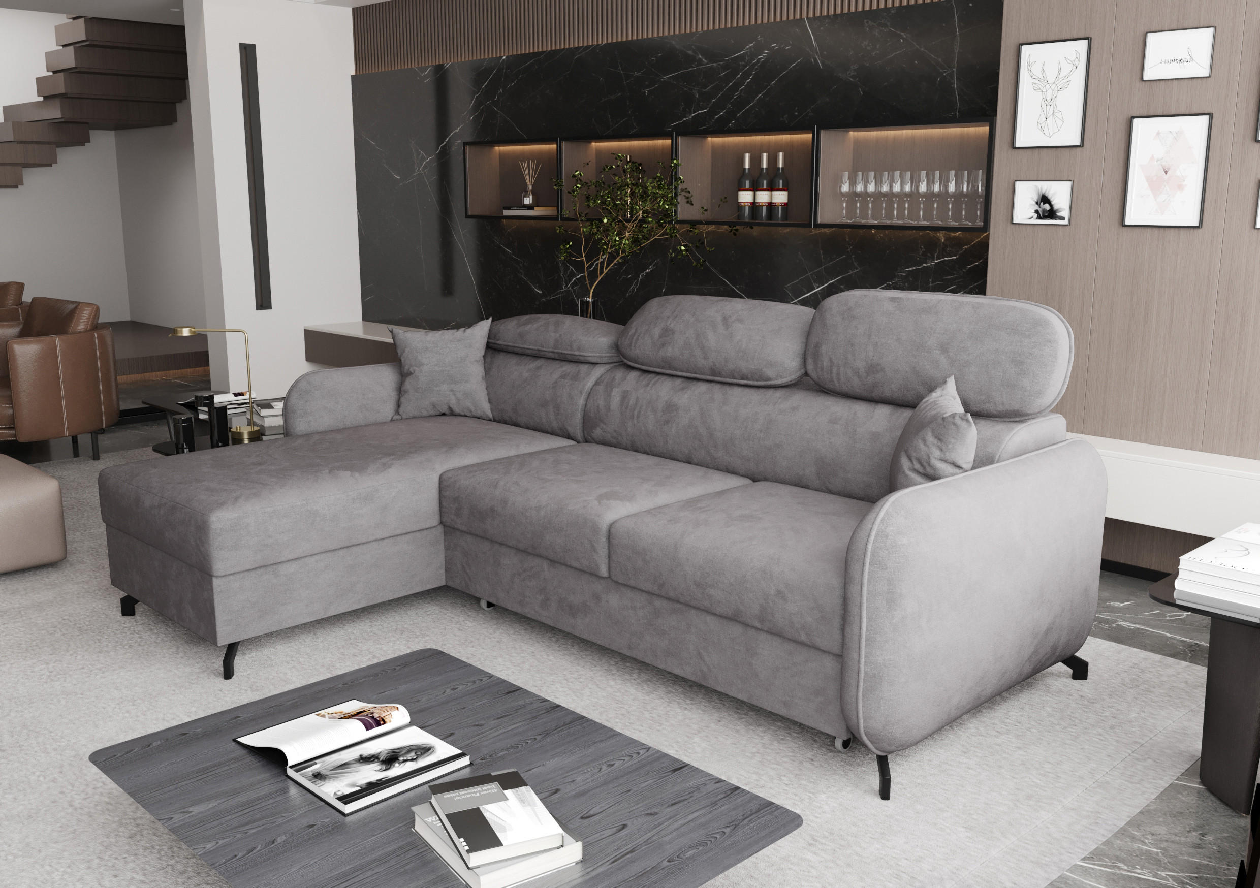 ECKSOFA L Form Ribella 5 Grau 265/180/100 cm Links mit Schlaffunktion - Hellgrau/Schwarz, Textil/Metall (180/265cm) - AX Living