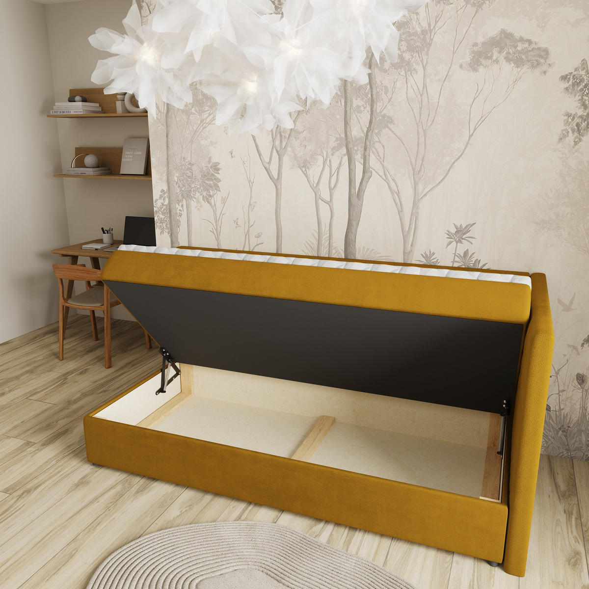 BOXBETT ARIS 100x200 cm mit Matratze und Topper, H2+H3 - Gelb - Gelb, Holz (100/200cm) - MASSENO