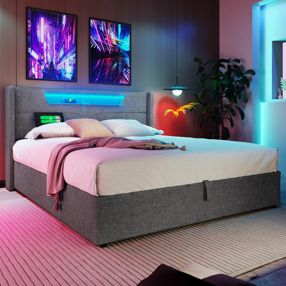 POLSTERBETT mit LED-Beleuchtung 140/200 cm mit Bettkasten und USB/Type-C - Grau, Textil (140/200cm) - BEAOK