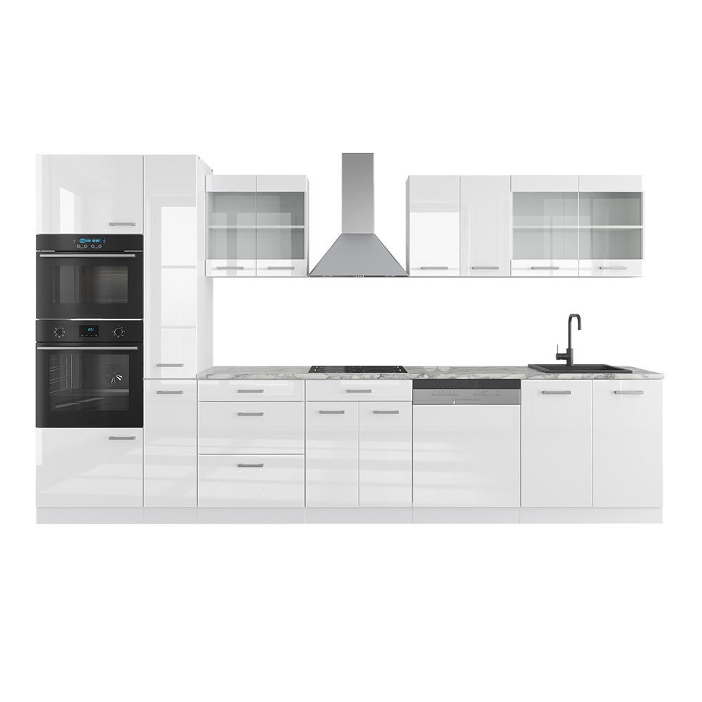 Vicco KUCHYŇSKÝ KOUT R-Line Bílá vysoký lesk/bílá 350 cm s vysokou skříní, bez pracovní desky