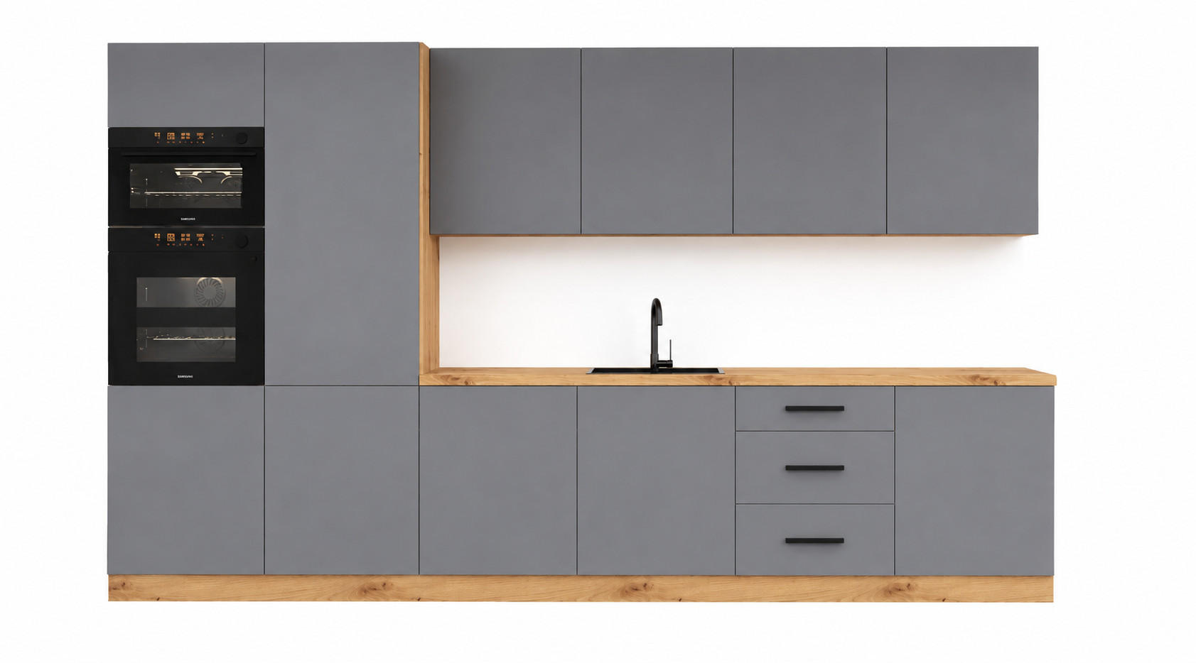 KÜCHENZEILE 360 cm – Nexa K109-G360 – in Beige / Matt - Beige/Schwarz, Holz/Metall (360/212/58cm) - ROYAL24_MARKT