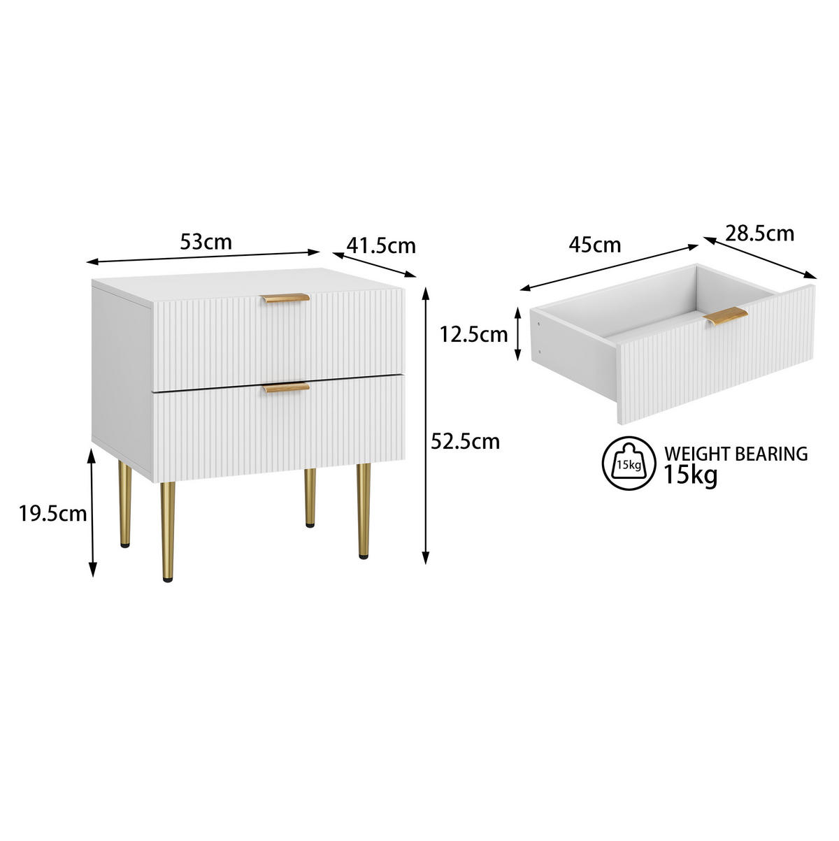 NACHTTISCH 53/41,3/52,5 cm mit 2 Schubladen in Weiß – modernes Rillendesign & Metallbeine - Weiß, Holzwerkstoff (41.3/52.5/53cm) - BEAOK