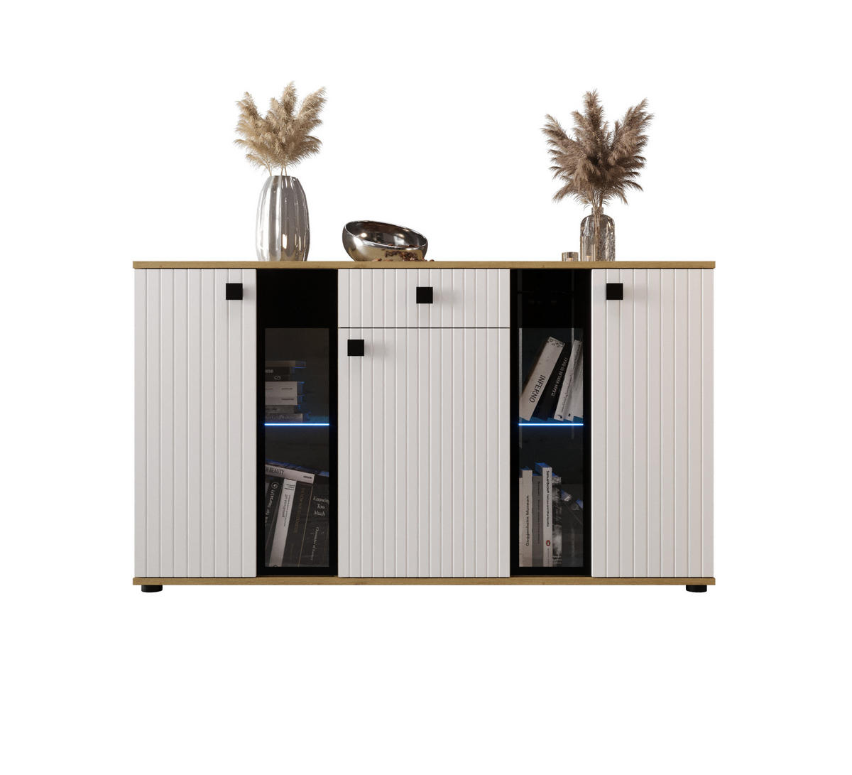 KOMMODE London LSMK LAMELE mit 3 Türen, Sideboard in Farbe: Weiß|Braun, Größe: 140 x 80 x 40 cm - Weiß/Braun, Holzwerkstoff (140/80/40cm) - O-Sofa