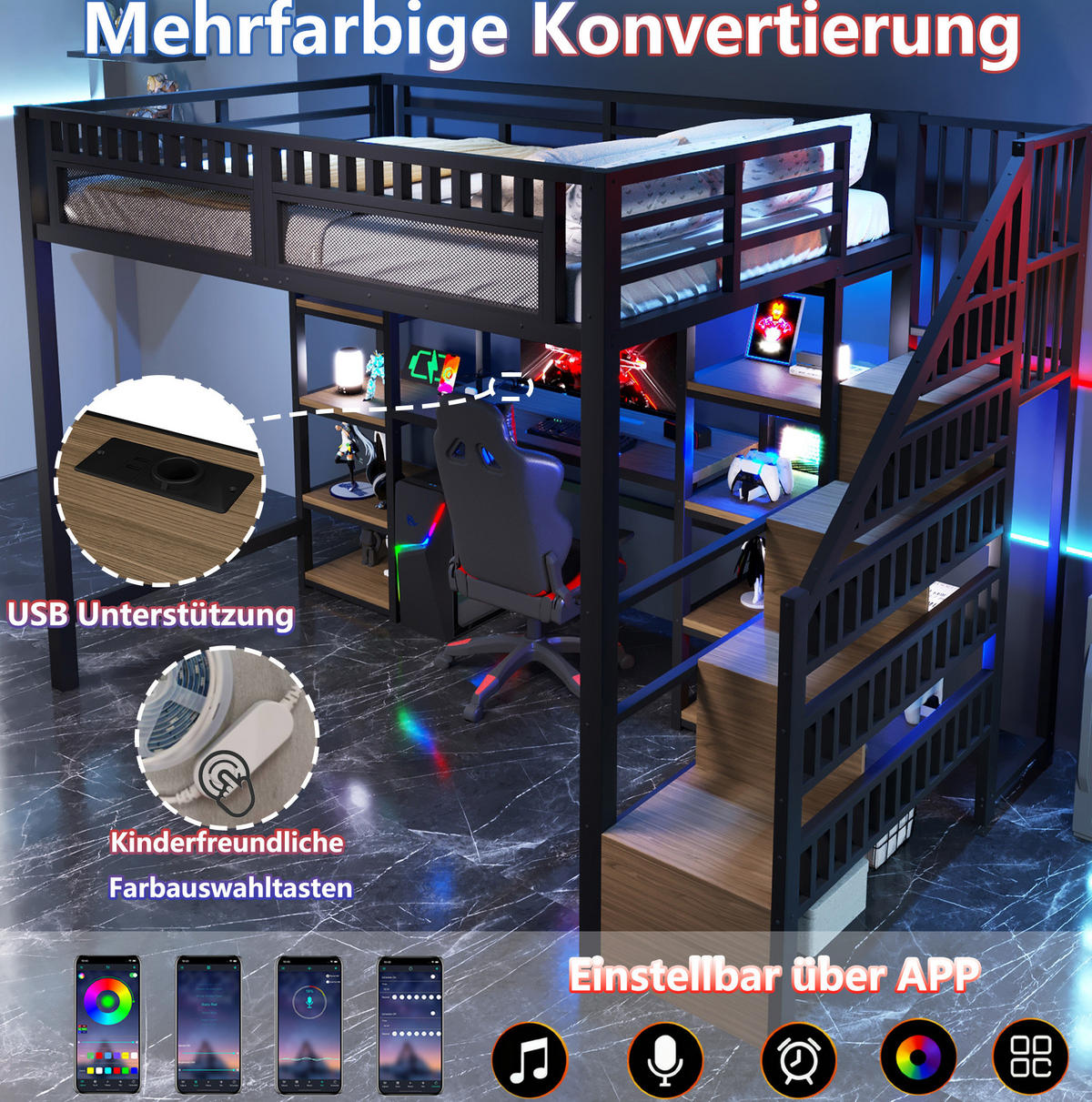 HOCHBETT 140/200 cm aus Metall mit Schreibtisch, Stauraumleiter und LED-Beleuchtung - Schwarz, Metall (140/200cm) - Flora Grace
