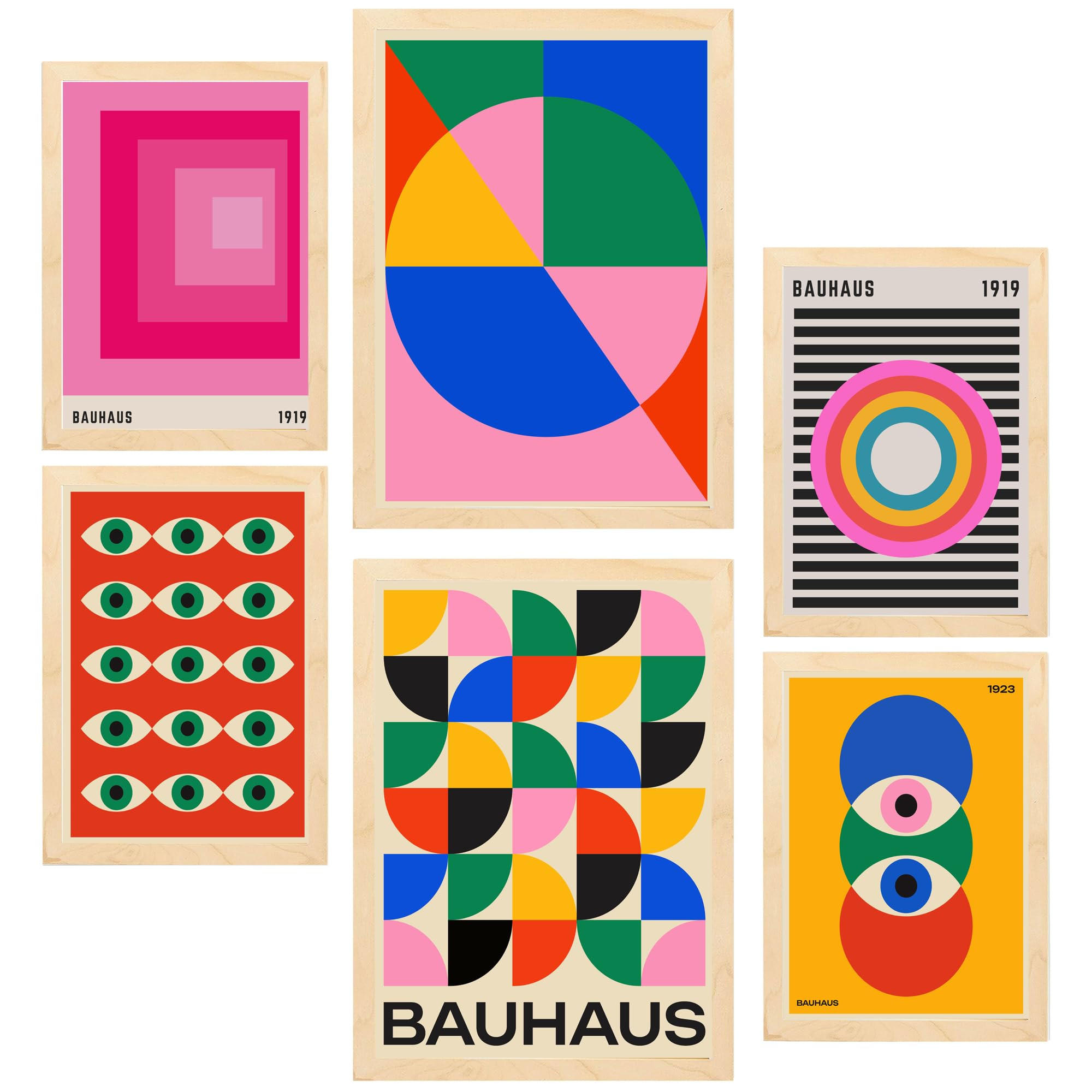 POSTER Set Mit 6 Bauhaus – Geometrische Formen In Leuchtenden Farben A3 & A4 Rahmen Aus Hellem Holz - Beige, Papier (29/3cm) - Nacnic